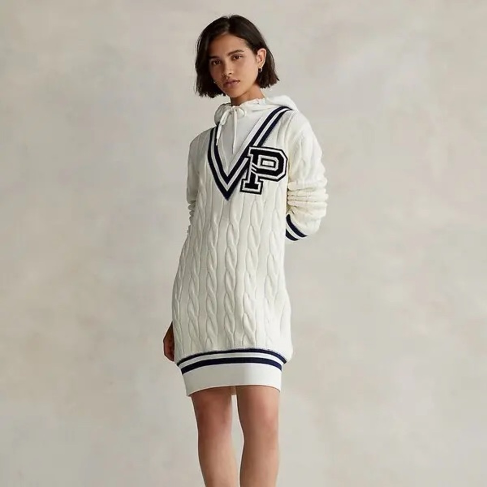 RALPH LAUREN Polo Hooded Cricket Sweater Dress Knit Cotton Cream Navy Size M